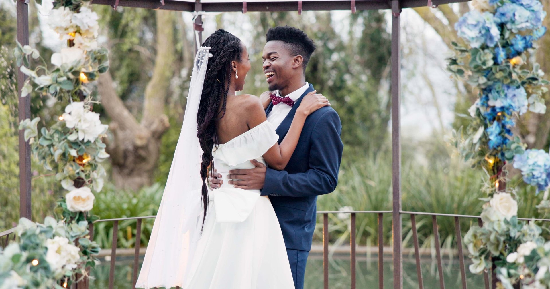 Wedding, bride and groom dancing with celebration and happiness at ceremony with life partner and commitment