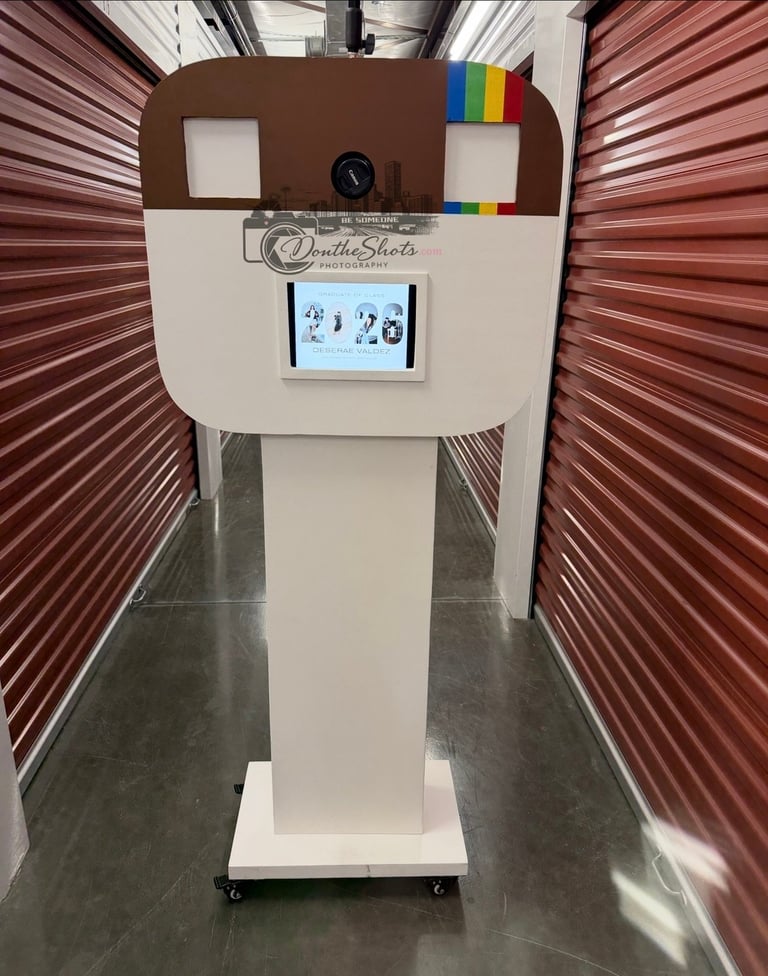 Vintage Instax-style photo booth machine with brown and cream colored exterior and colorful rainbow stripe details inside a red metal booth enclosure