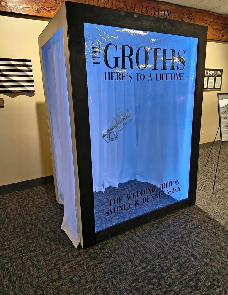 A large illuminated display poster for The Groths Heres to a Lifetime wedding edition featuring a blue background with a guitar image