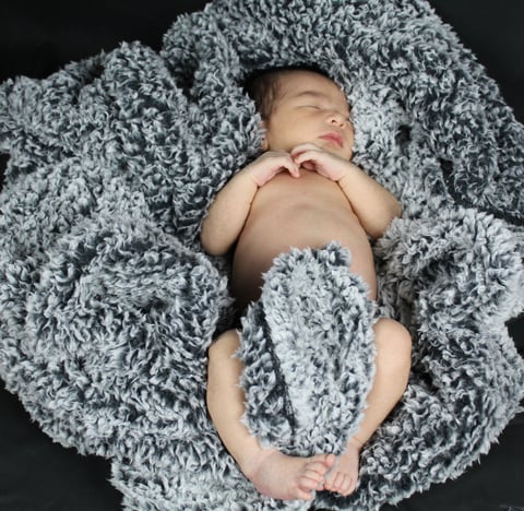 Newborn baby sleeping peacefully on soft gray blankets, photographed from above against a dark background