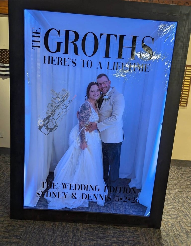 The Groths wedding edition poster featuring bride and groom in formal attire on blue background with signatures