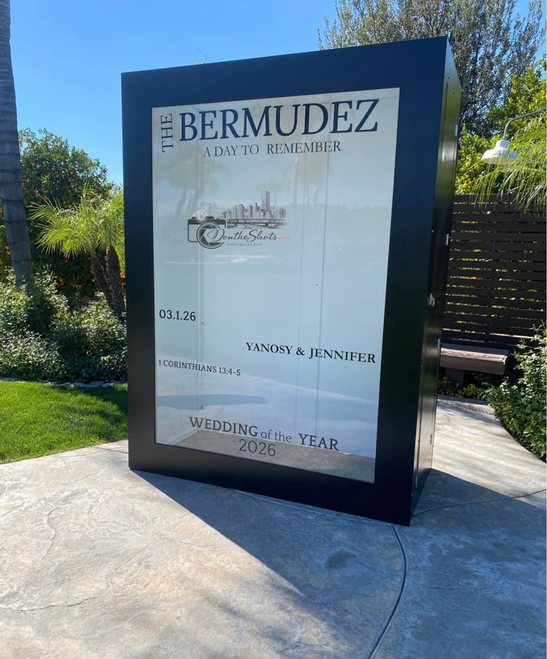 Large black wedding announcement sign for Yanoss and Jennifers ceremony at The Bermudez, dated 03.1.26
